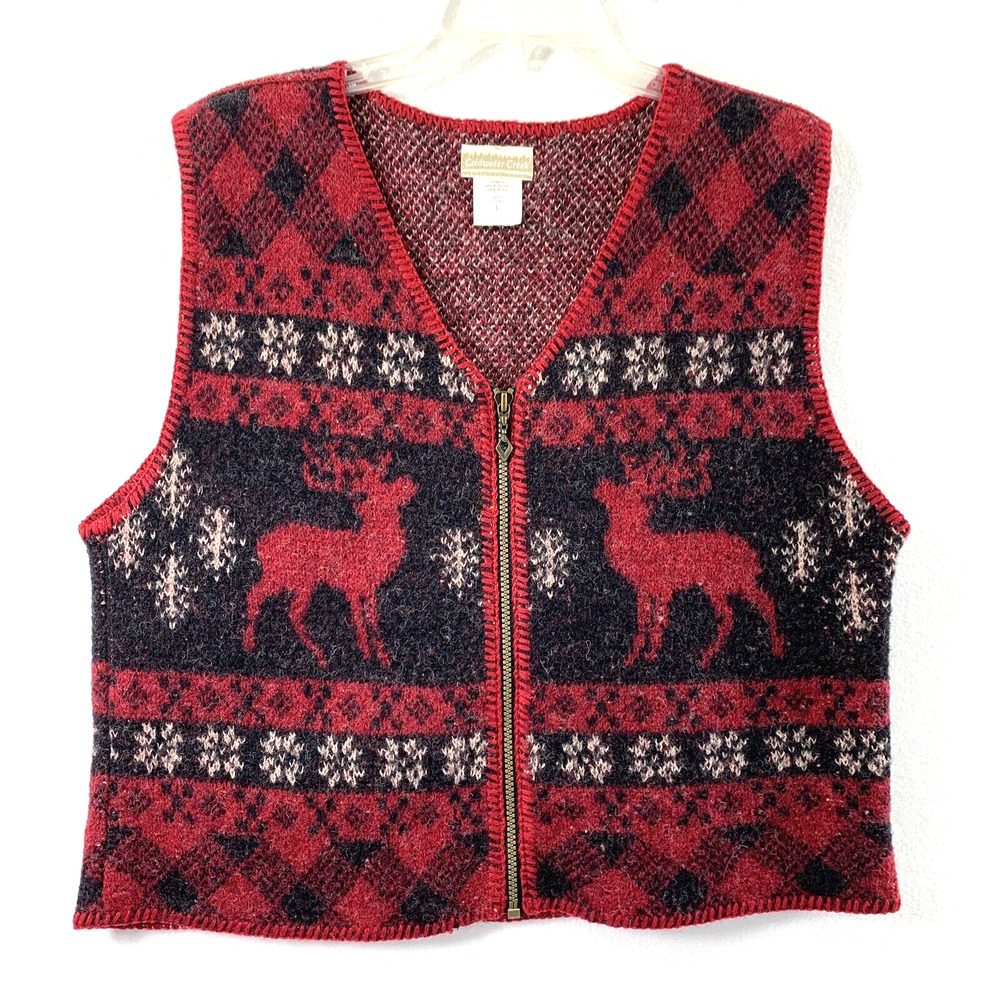 Coldwater Creek Wool Vest Womens Large Red‎ Black Cabincore Zip Up Deer